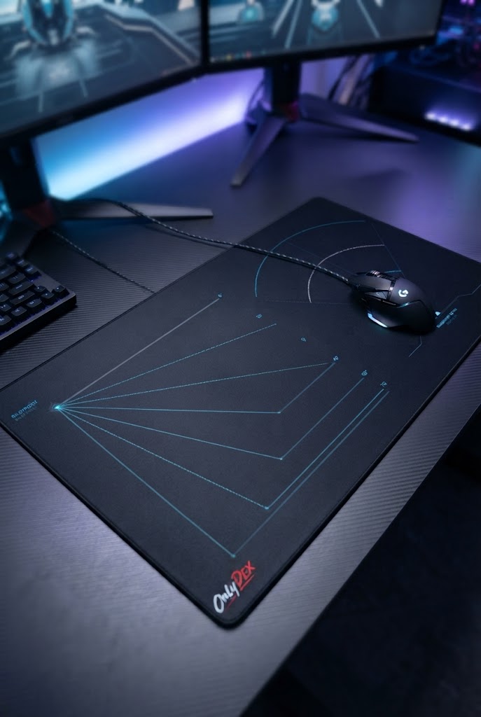 CALIBRATED Gaming Mousepad mit technischem HUD-Design auf einem Gaming-Schreibtisch