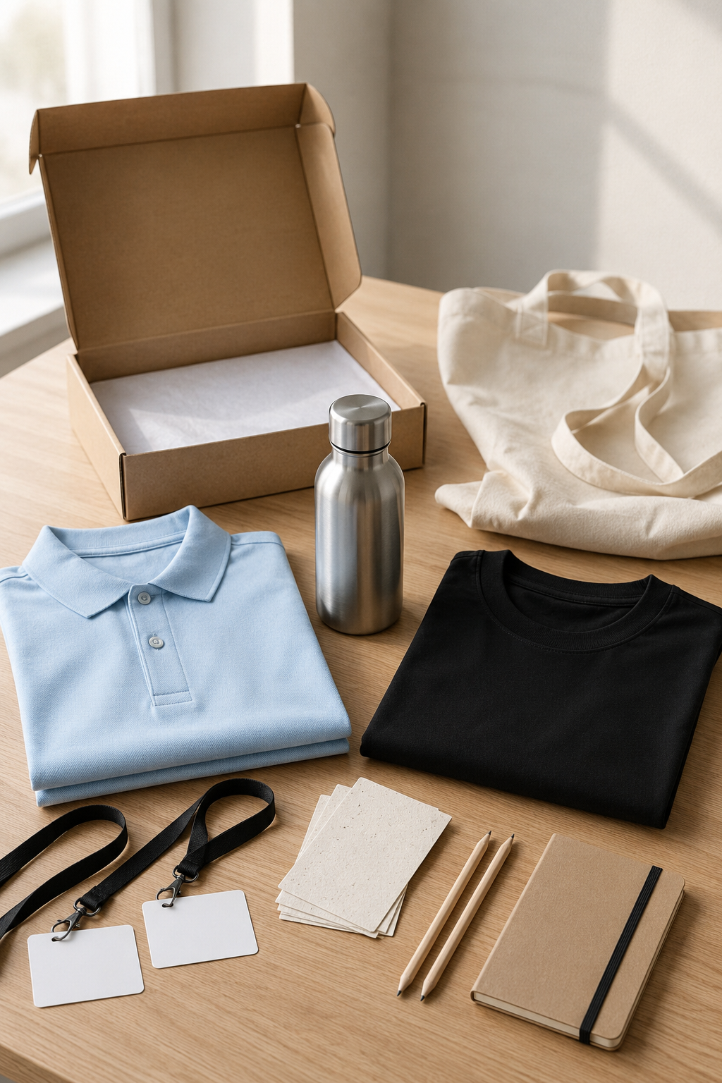 Geöffnetes Messepaket mit Poloshirt, Trinkflasche, Lanyard, Notizprodukten und Stoffbeutel