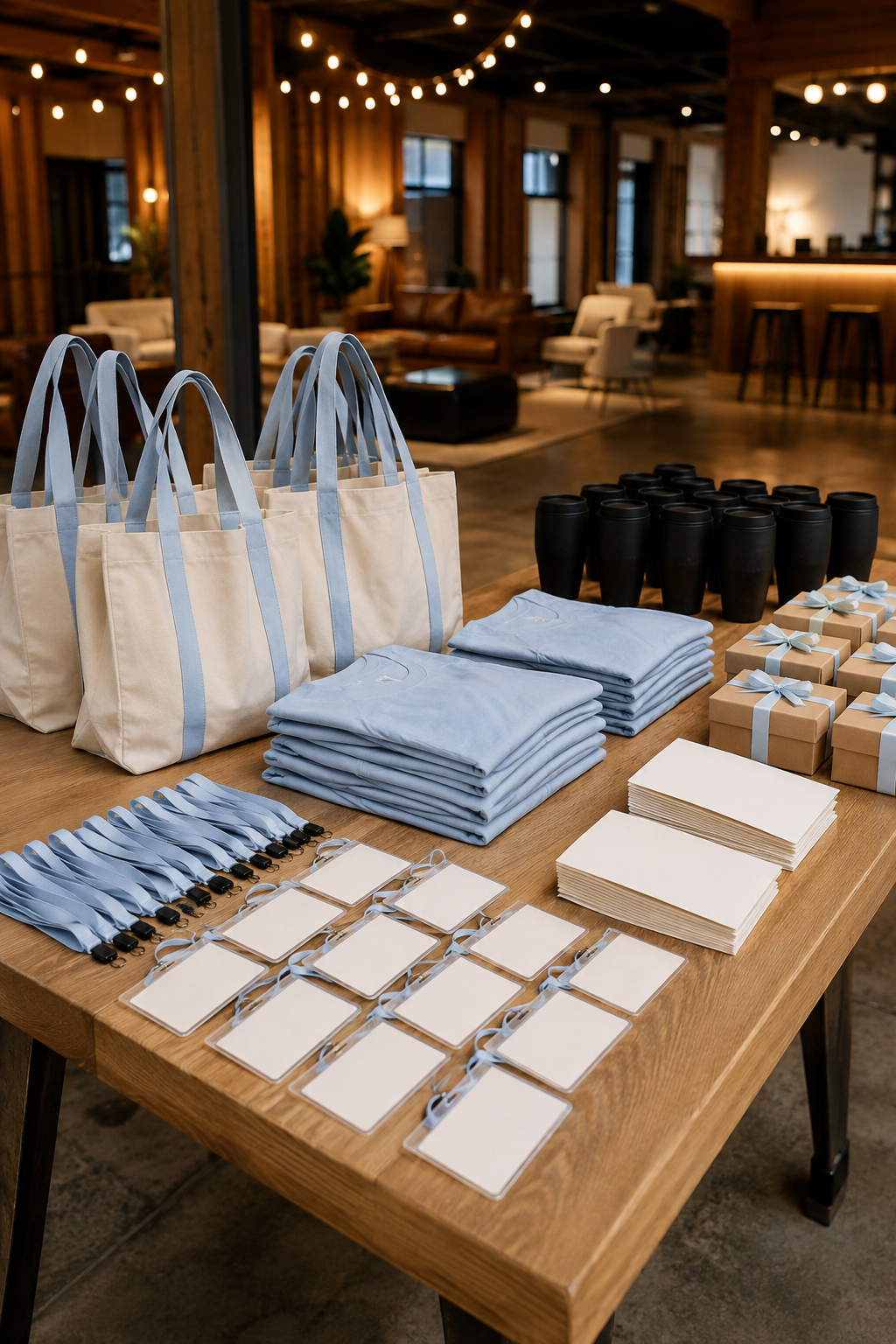 Geöffnetes Veranstaltungspaket mit Eventkleidung, Geschenkboxen und abgestimmten Accessoires