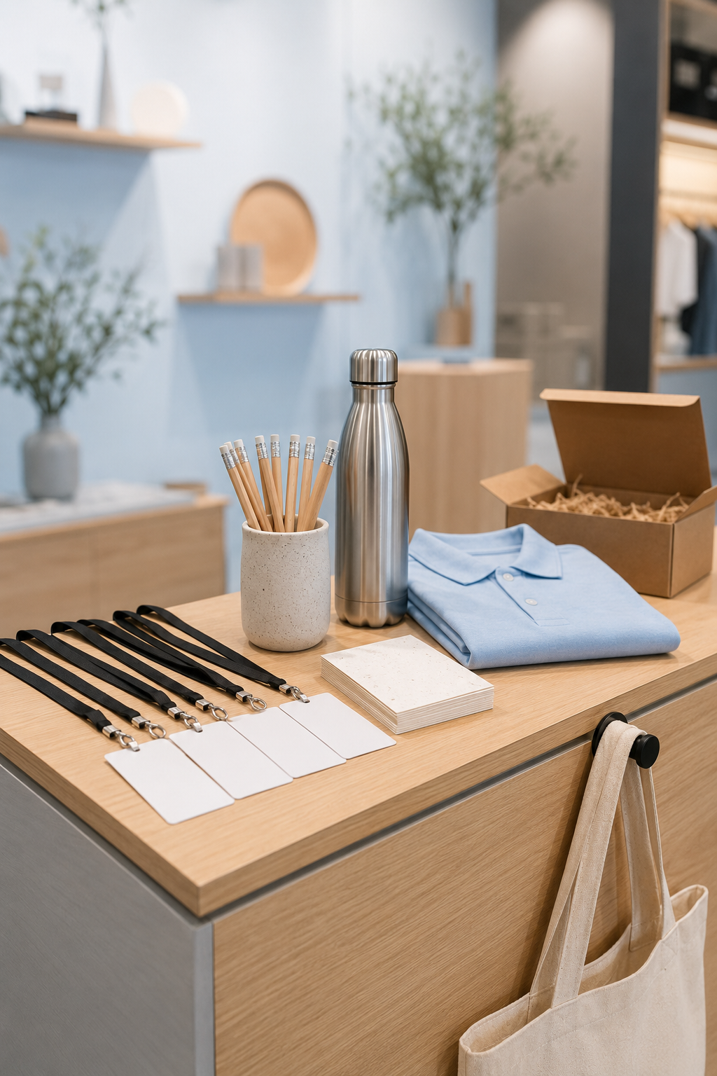 Vorbereiteter Messestand mit abgestimmter Kleidung, Giveaways und Werbeartikeln
