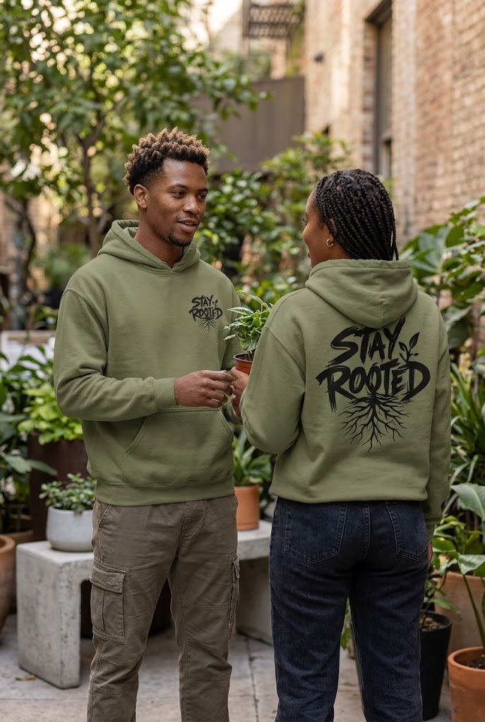 Model im Stay Rooted Hoodie mit Pflanzen- und Wurzelmotiv