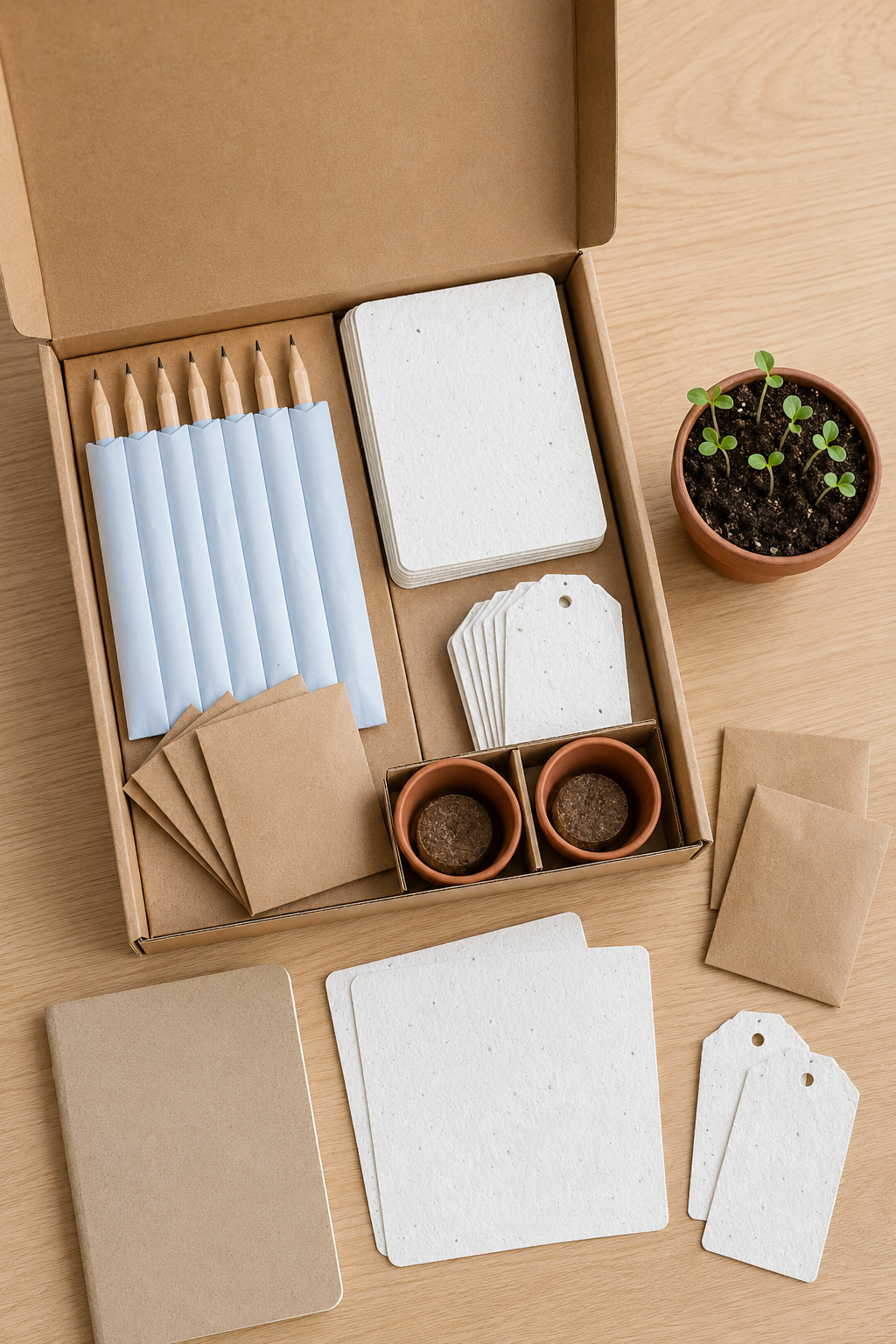 Draufsicht auf pflanzbare Giveaways mit Samenpapier, Bleistiften und kleinen Pflanzsets