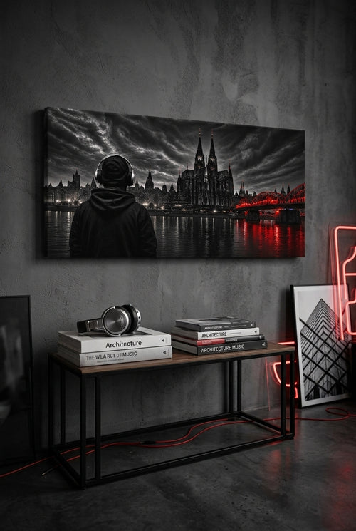 COLONIA NOIR Leinwand mit dunkler Kölner Skyline in einem modernen Wohnraum