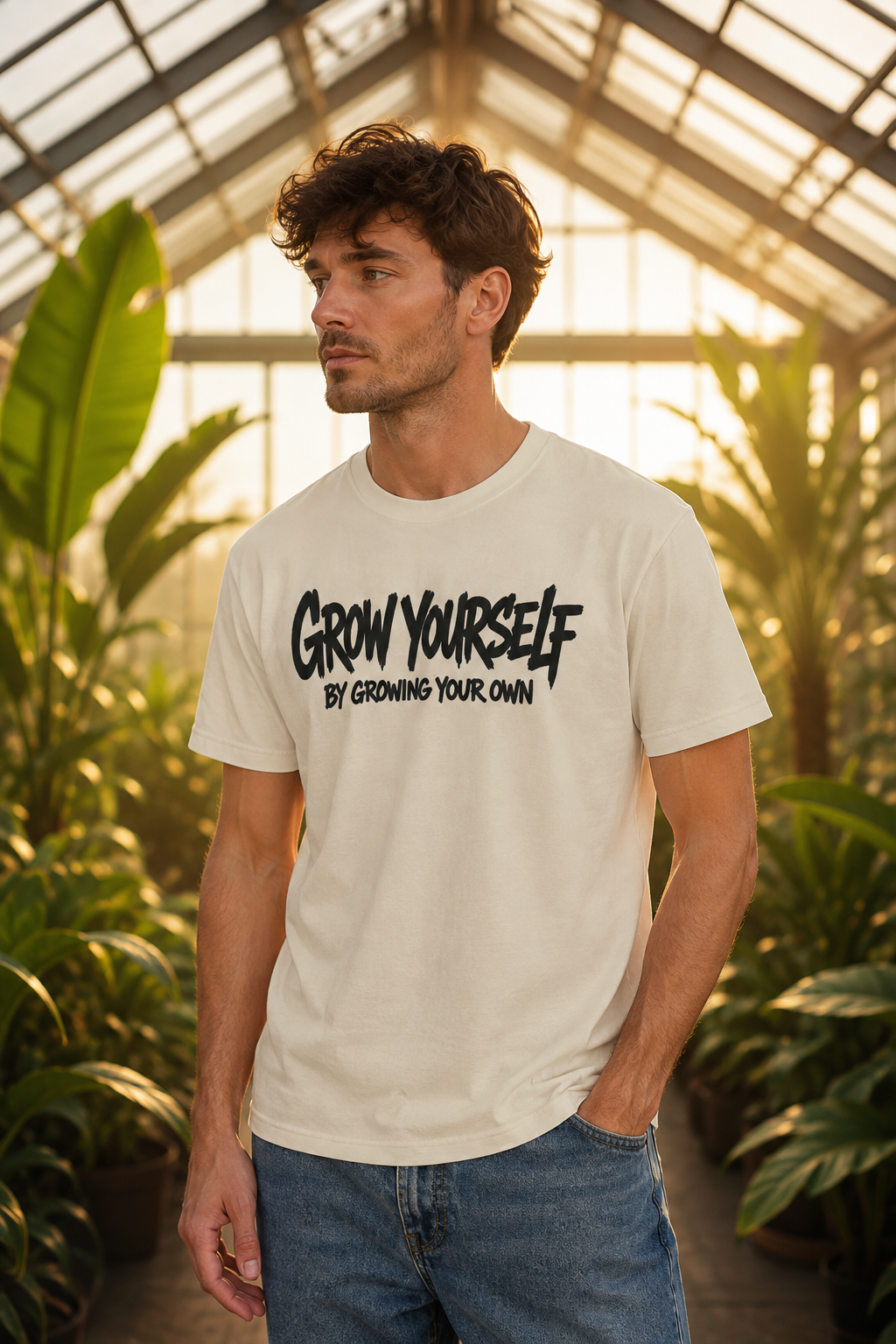Model im Grow Yourself T-Shirt mit modernem Pflanzenmotiv