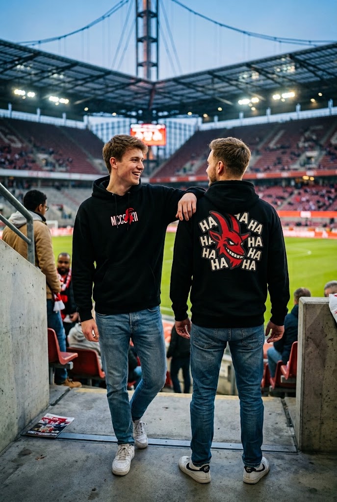 Model im MCCCXII Laughing Goat Hoodie mit großem Rückenmotiv