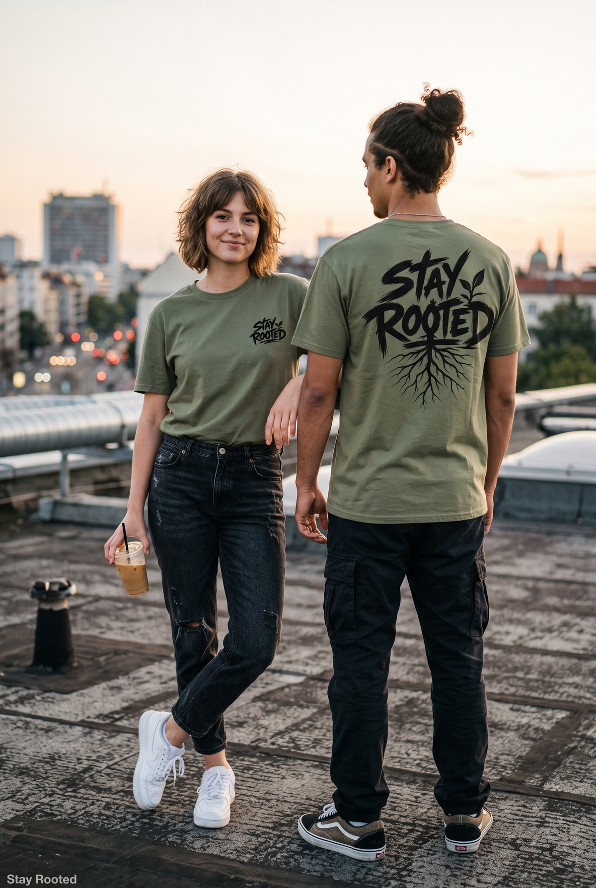 Model im Stay Rooted T-Shirt mit Pflanzen- und Wurzelmotiv