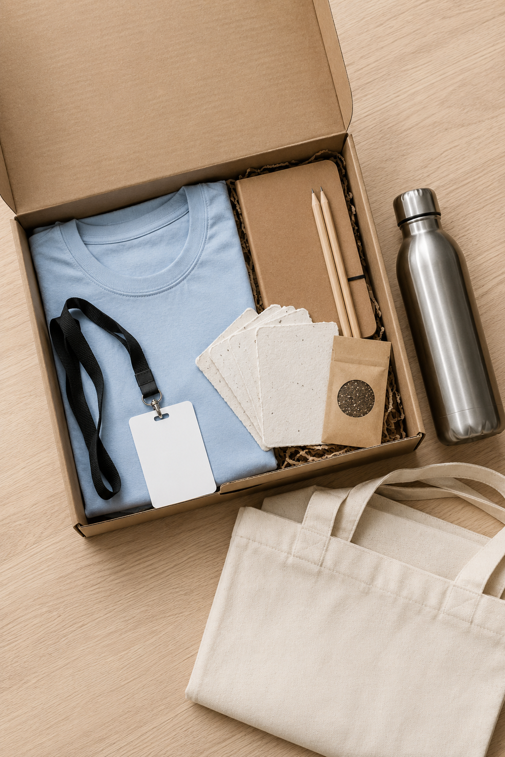 Individuelles Messepaket mit Teamkleidung, Trinkflasche, Namensschildern und Präsentationsmaterialien