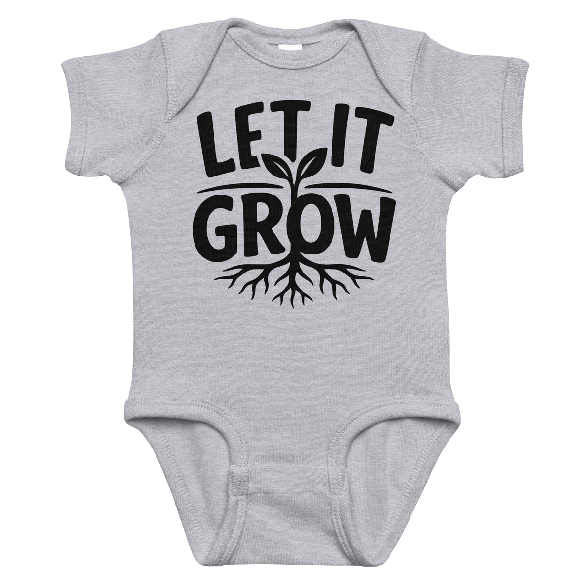 Vorderansicht des Let It Grow Babybody in grau mit Pflanzenmotiv