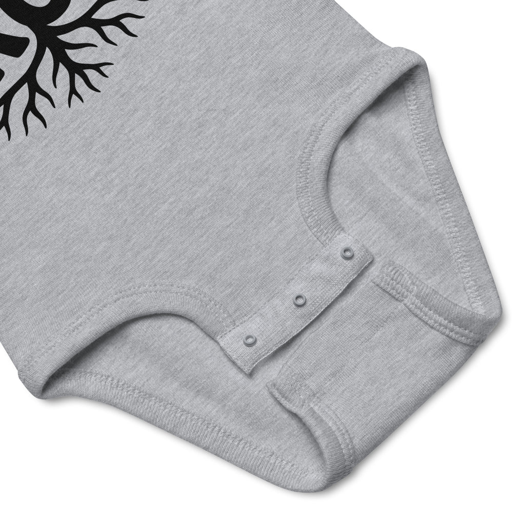 Detailansicht des Let It Grow Babybody in grau mit Pflanzenmotiv
