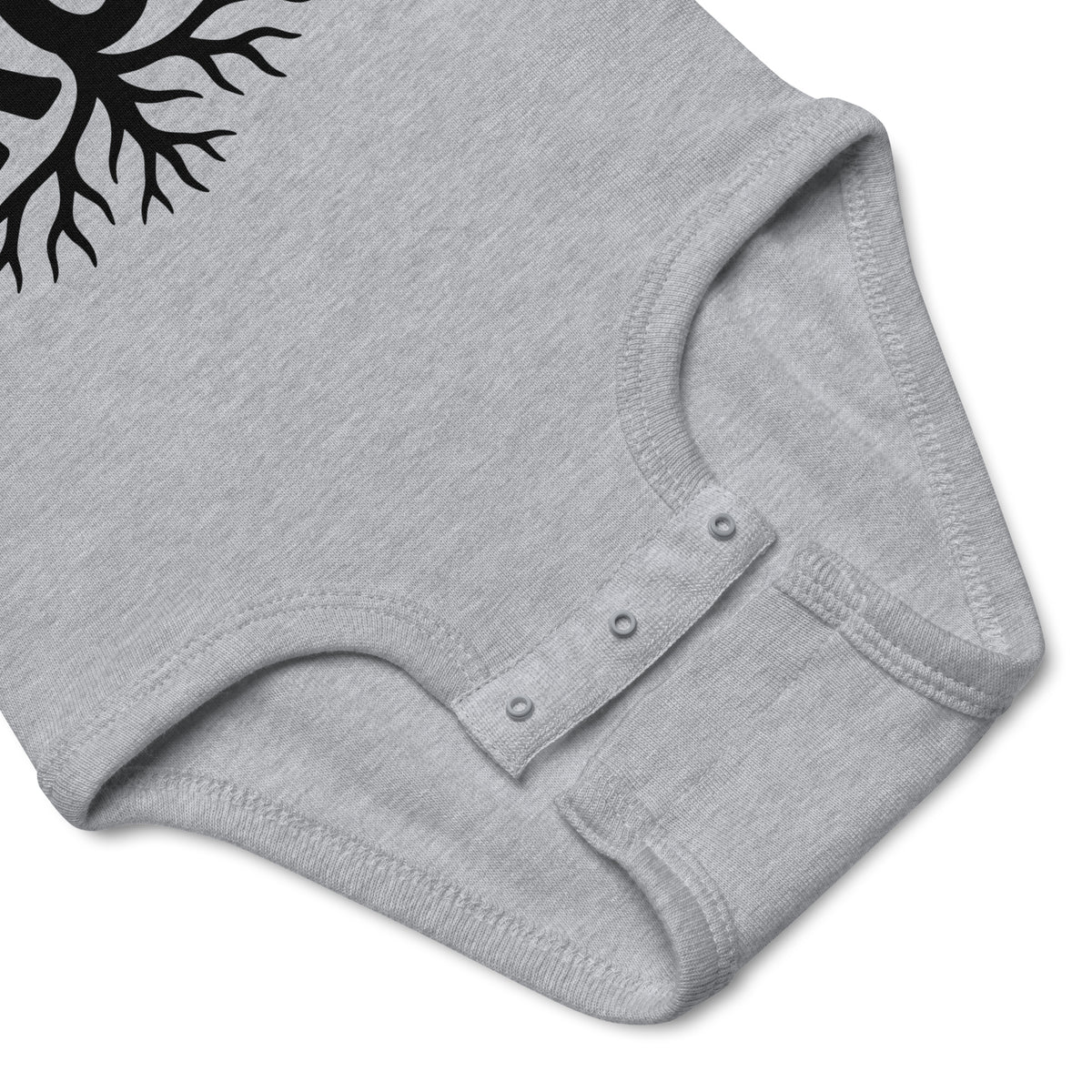 Detailansicht des Let It Grow Babybody in grau mit Pflanzenmotiv