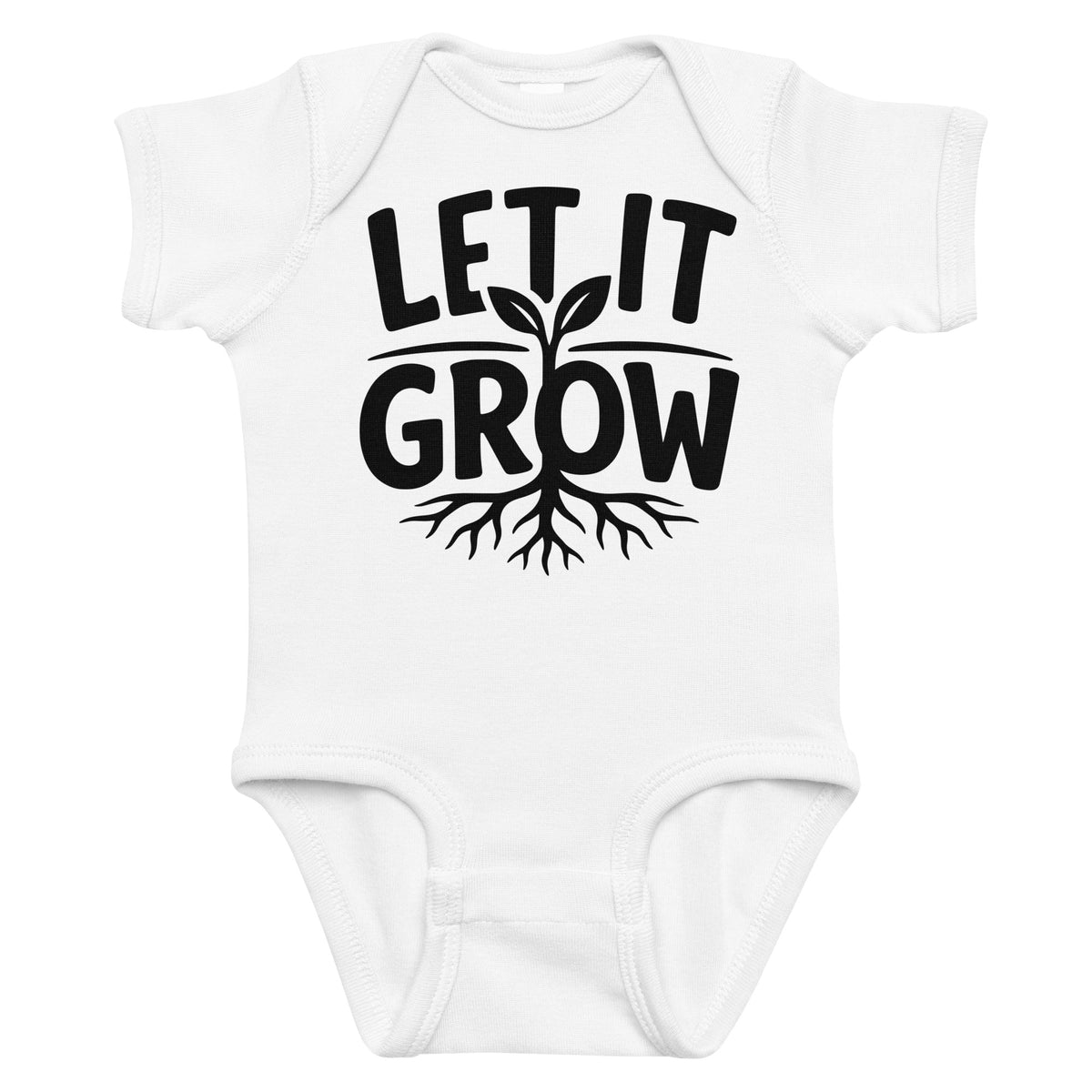 Vorderansicht des Let It Grow Babybody in weiß mit Pflanzenmotiv