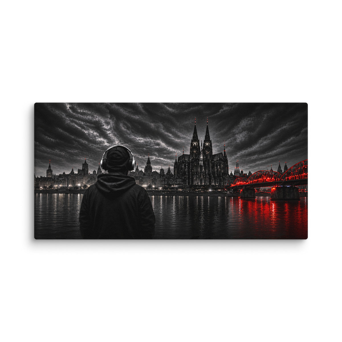 COLONIA NOIR Leinwand mit Köln Skyline in 50,8 × 101,6 cm – Wandansicht