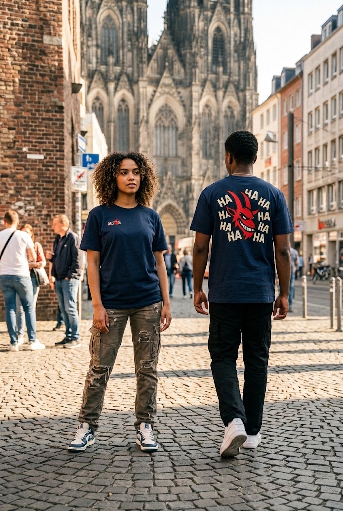 Model im MCCCXII Laughing Goat T-Shirt mit großem Rückenmotiv