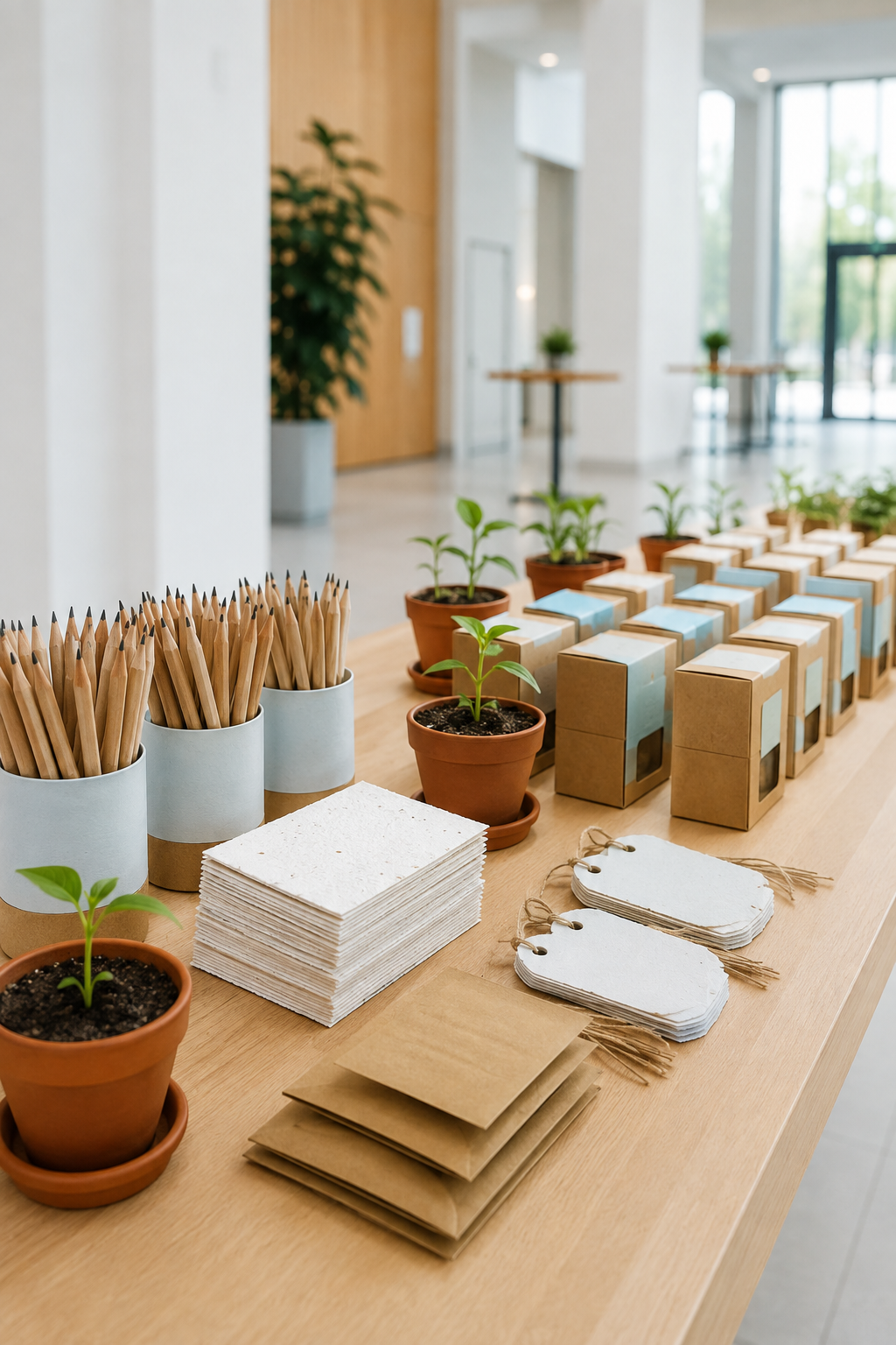 Geöffnetes Firmenpaket mit pflanzbaren Werbeartikeln und abgestimmter Verpackung