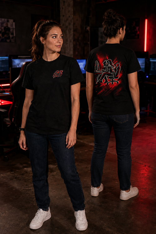 Model im Gamer Girl Mode T-Shirt mit großem Gaming-Rückenprint