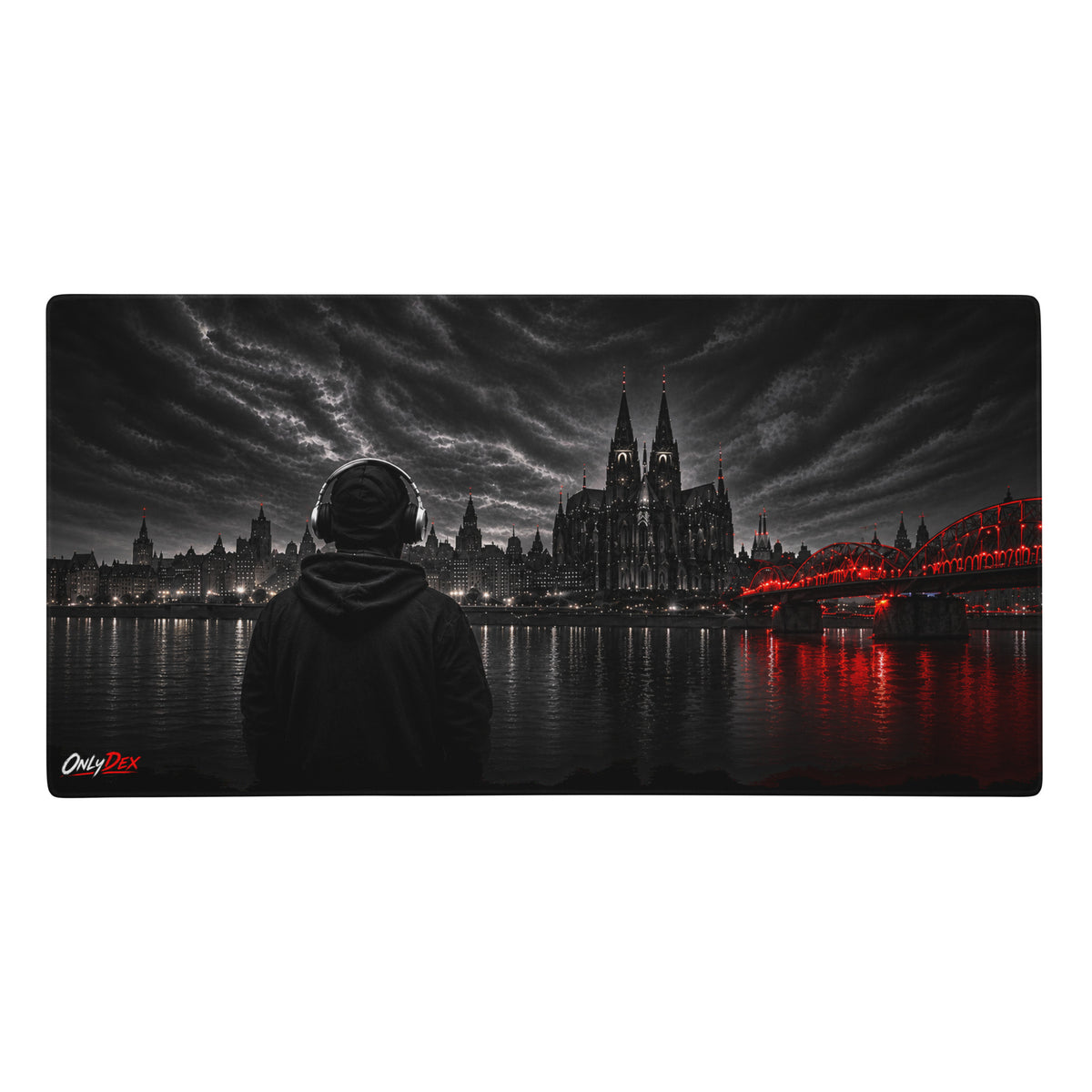 COLONIA NOIR Gaming Mousepad mit Köln Skyline in Weiß in 91,4 × 45,7 cm – Vorderansicht