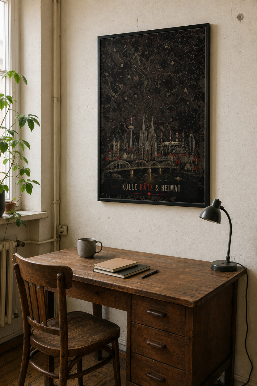 Kölle Hätz & Heimat Poster als dunkles Köln-Wandbild im Wohnraum