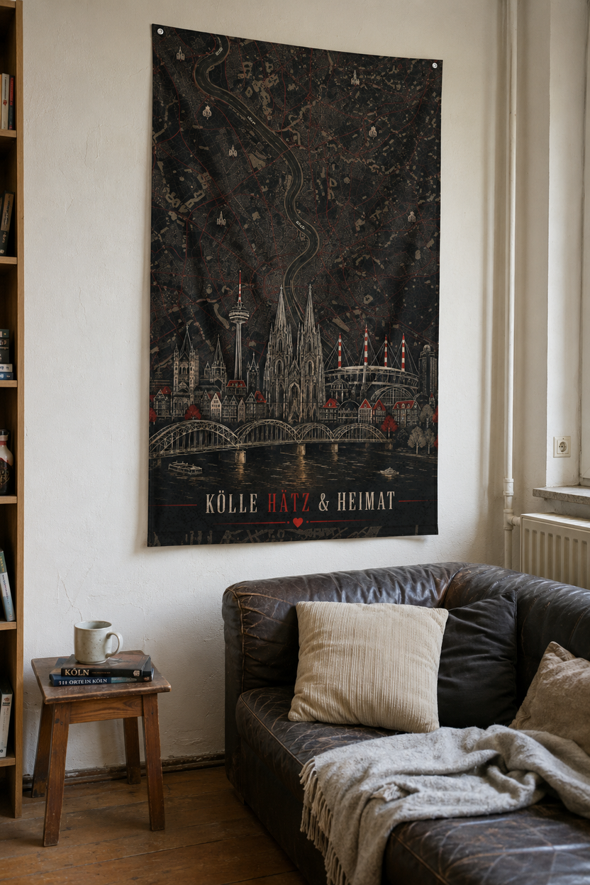 Kölle Hätz & Heimat Stoffflagge mit Stadtkarte und Kölner Wahrzeichen