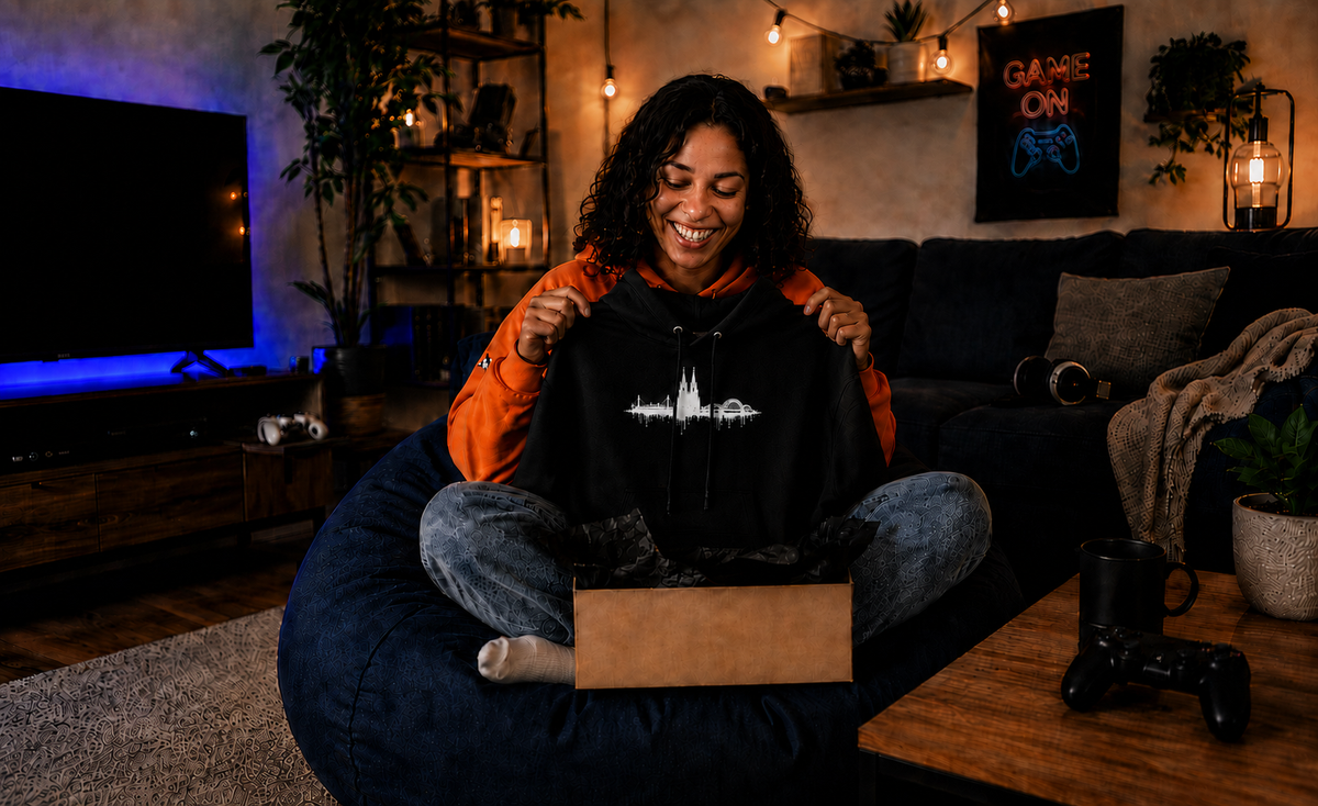Frau packt einen schwarzen Hoodie mit weißer Köln-Skyline im Drip-Look aus