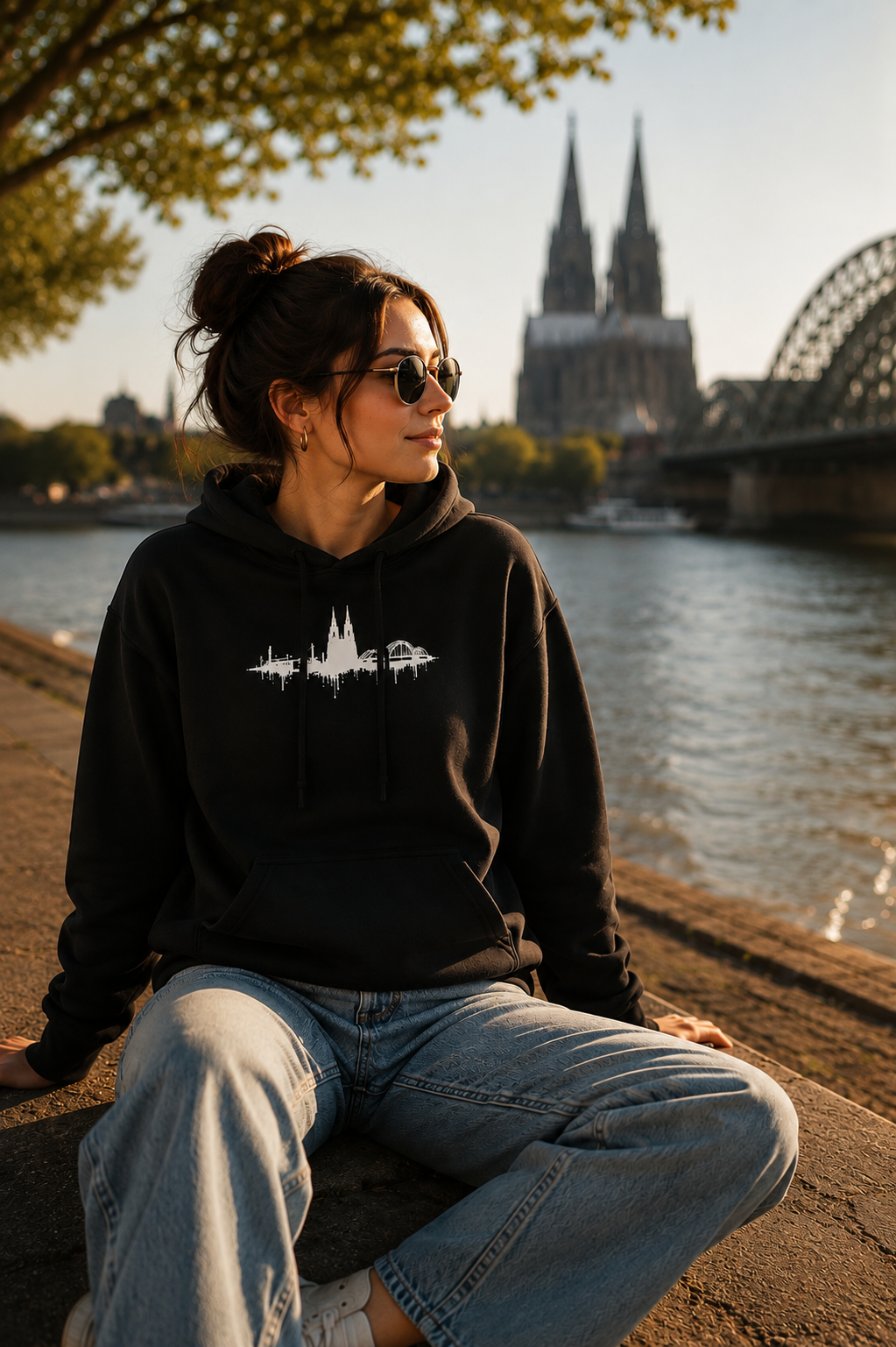 Model im KÖLLE VERLÄUFT Hoodie mit Kölner Skyline