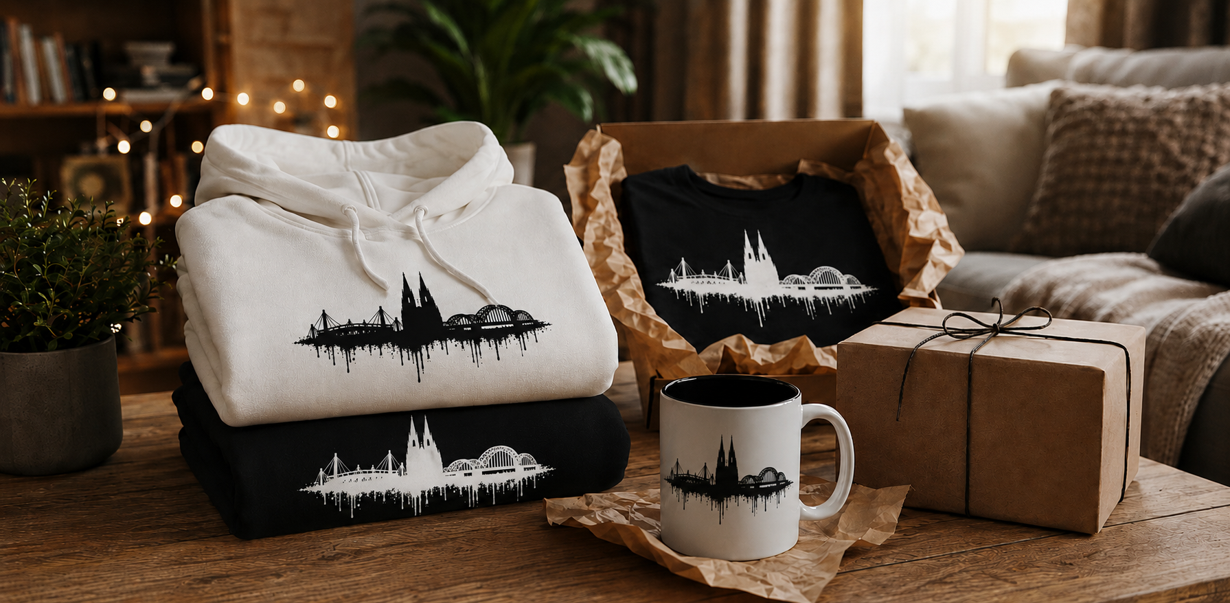 Schwarze und weiße Hoodies, schwarzes T-Shirt und weiße Tasse mit Köln-Skyline im Drip-Look