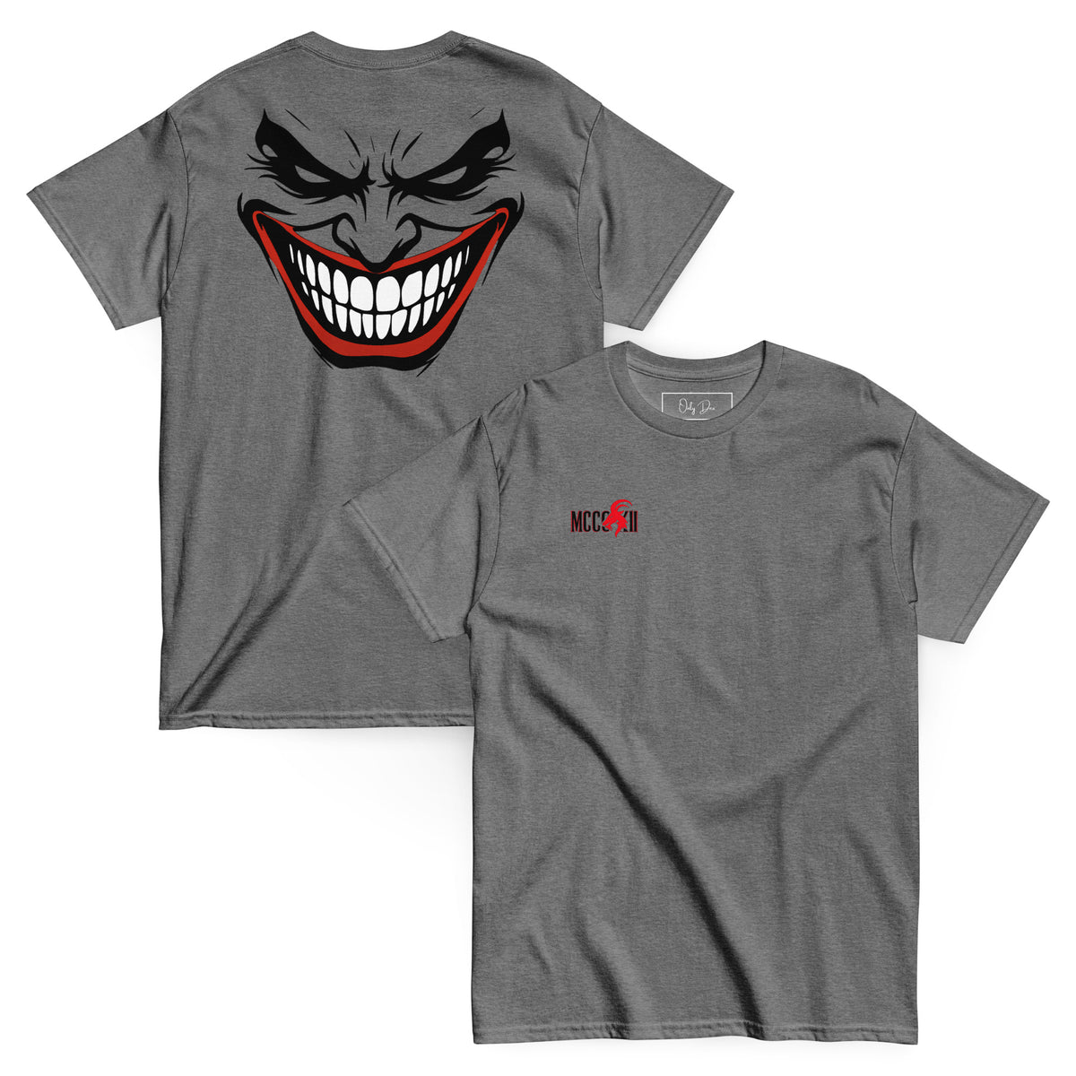 Graphitgraues MCCCXII JOKER T-Shirt in überlappender Vorder- und Rückansicht