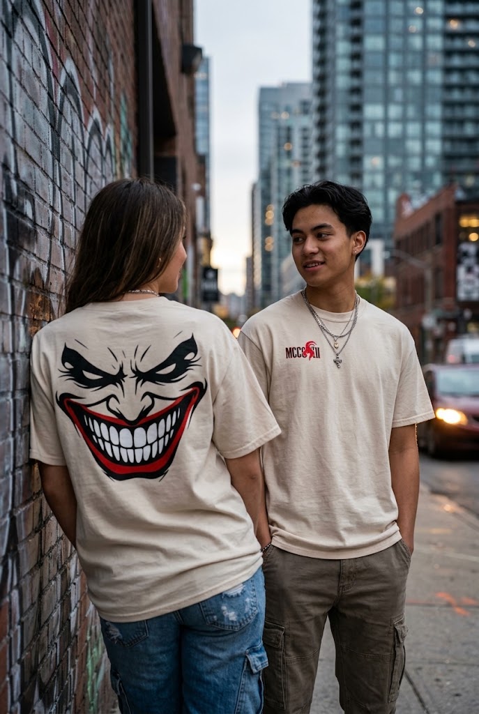Zwei Personen im naturfarbenen MCCCXII JOKER T-Shirt mit Brust- und Rückenprint in urbaner Umgebung