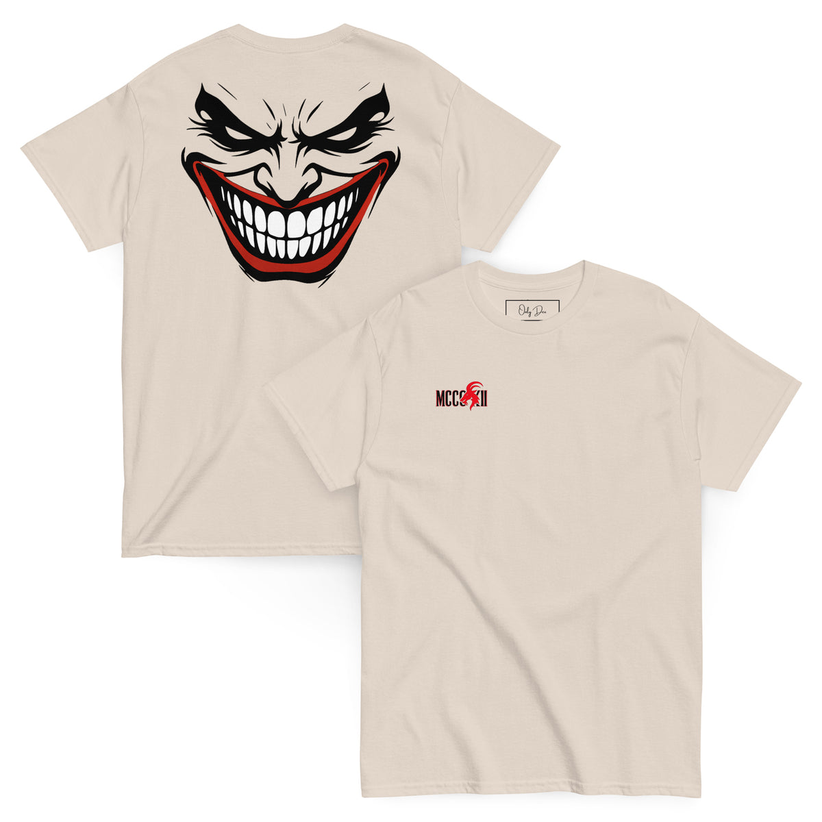 Naturfarbenes MCCCXII JOKER T-Shirt in überlappender Vorder- und Rückansicht