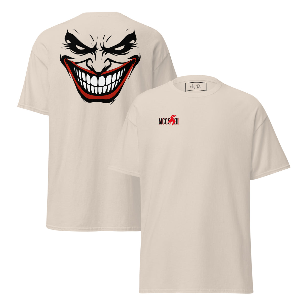 Naturfarbenes MCCCXII JOKER T-Shirt mit großem Rückenmotiv links und kleinem Brustprint rechts
