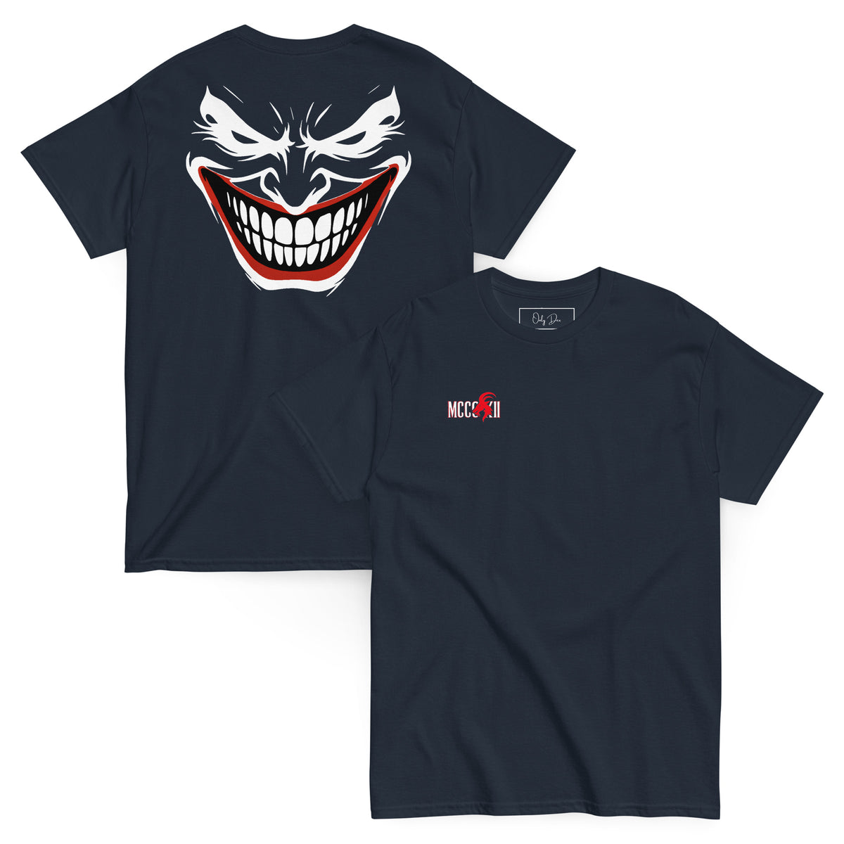 Navyblaues MCCCXII JOKER T-Shirt in überlappender Vorder- und Rückansicht