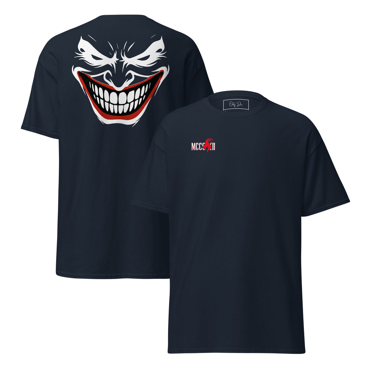 Navyblaues MCCCXII JOKER T-Shirt mit großem Rückenmotiv links und kleinem Brustprint rechts