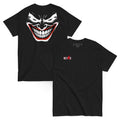 Schwarzes MCCCXII JOKER T-Shirt in überlappender Vorder- und Rückansicht
