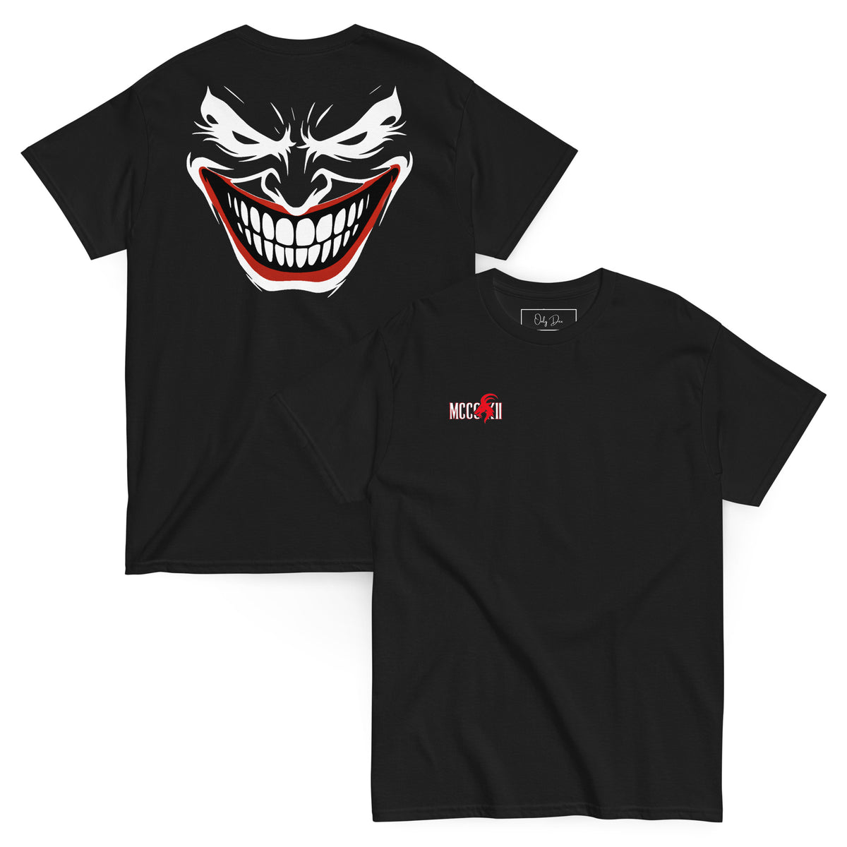 Schwarzes MCCCXII JOKER T-Shirt in überlappender Vorder- und Rückansicht