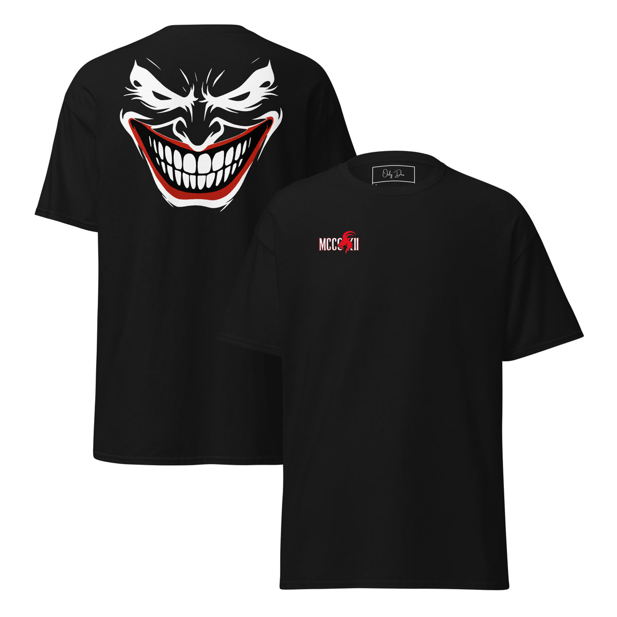 Schwarzes MCCCXII JOKER T-Shirt mit großem Rückenmotiv links und kleinem Brustprint rechts