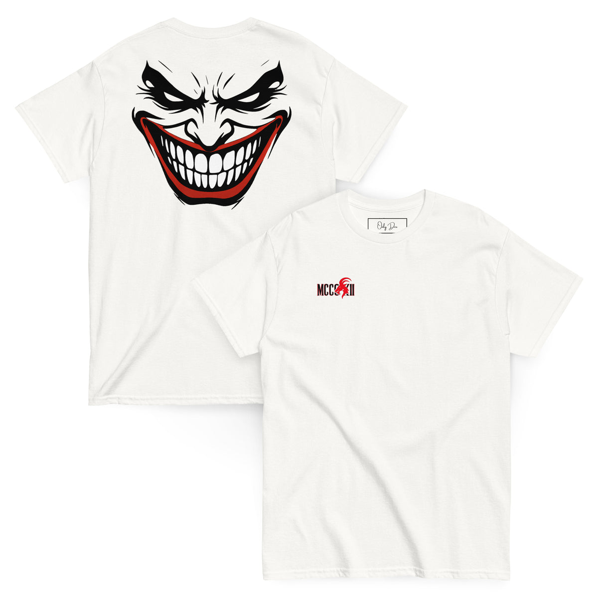 Weißes MCCCXII JOKER T-Shirt in überlappender Vorder- und Rückansicht