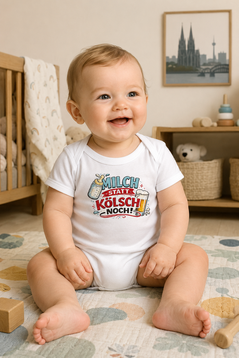 Baby im weißen „Milch statt Kölsch – noch!“-Babybody in einem warm eingerichteten Kölner Kinderzimmer