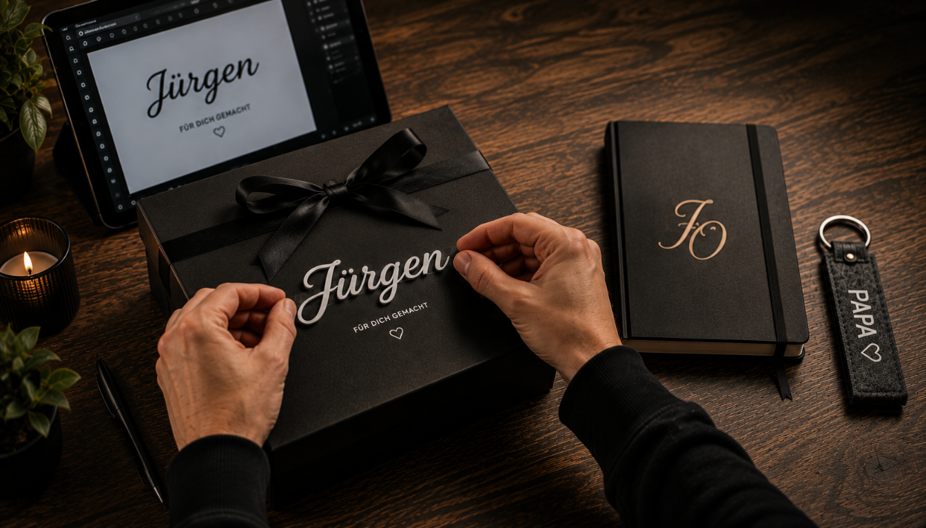 Hände personalisieren eine schwarze Geschenkbox mit dem Namen Jürgen, daneben liegen ein Notizbuch und ein Filz-Schlüsselanhänger.