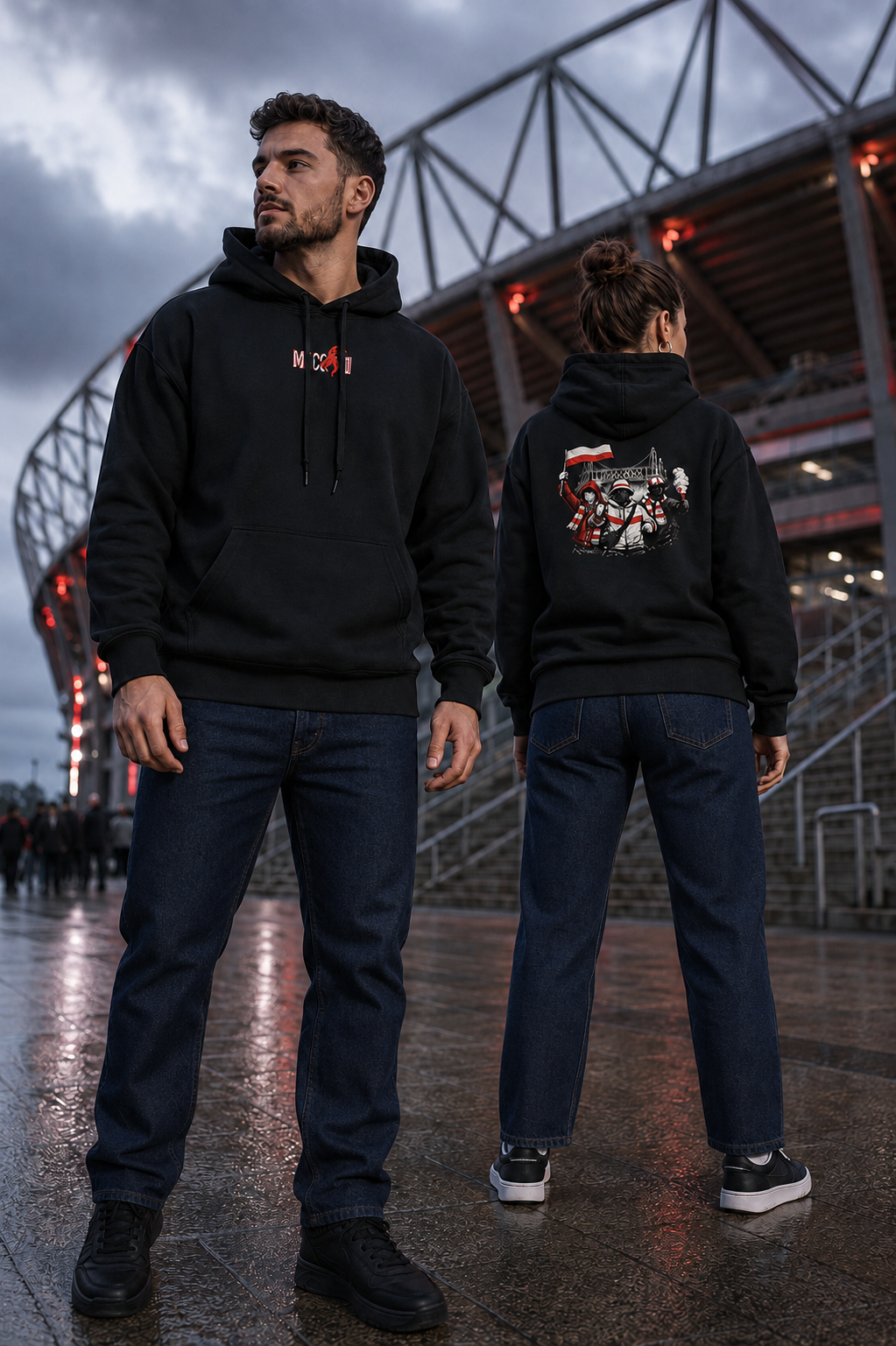 Model im Köln Ultras Hoodie vor einem Fußballstadion