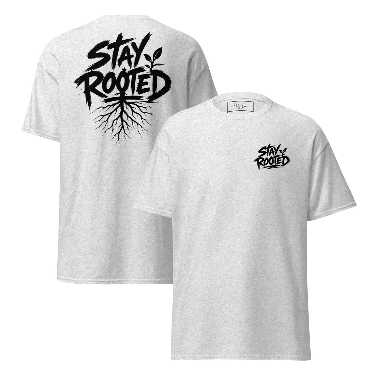 Stay Rooted T-Shirt in Aschgrau – Vorder- und Rückansicht