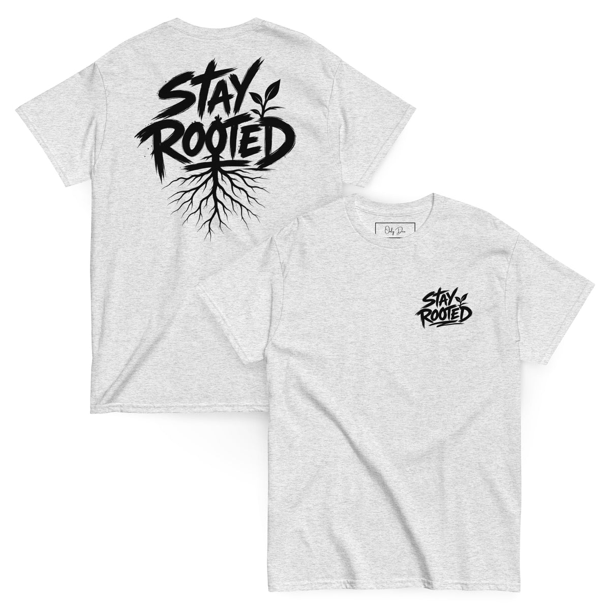 Stay Rooted T-Shirt in Aschgrau – Vorder- und Rückansicht