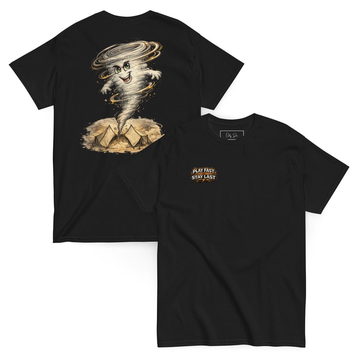 Play Fast or Stay Last Gaming T-Shirt in Schwarz – Vorder- und Rückansicht
