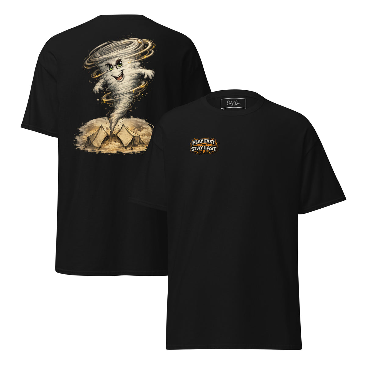 Play Fast or Stay Last Gaming T-Shirt in Schwarz – Vorder- und Rückansicht