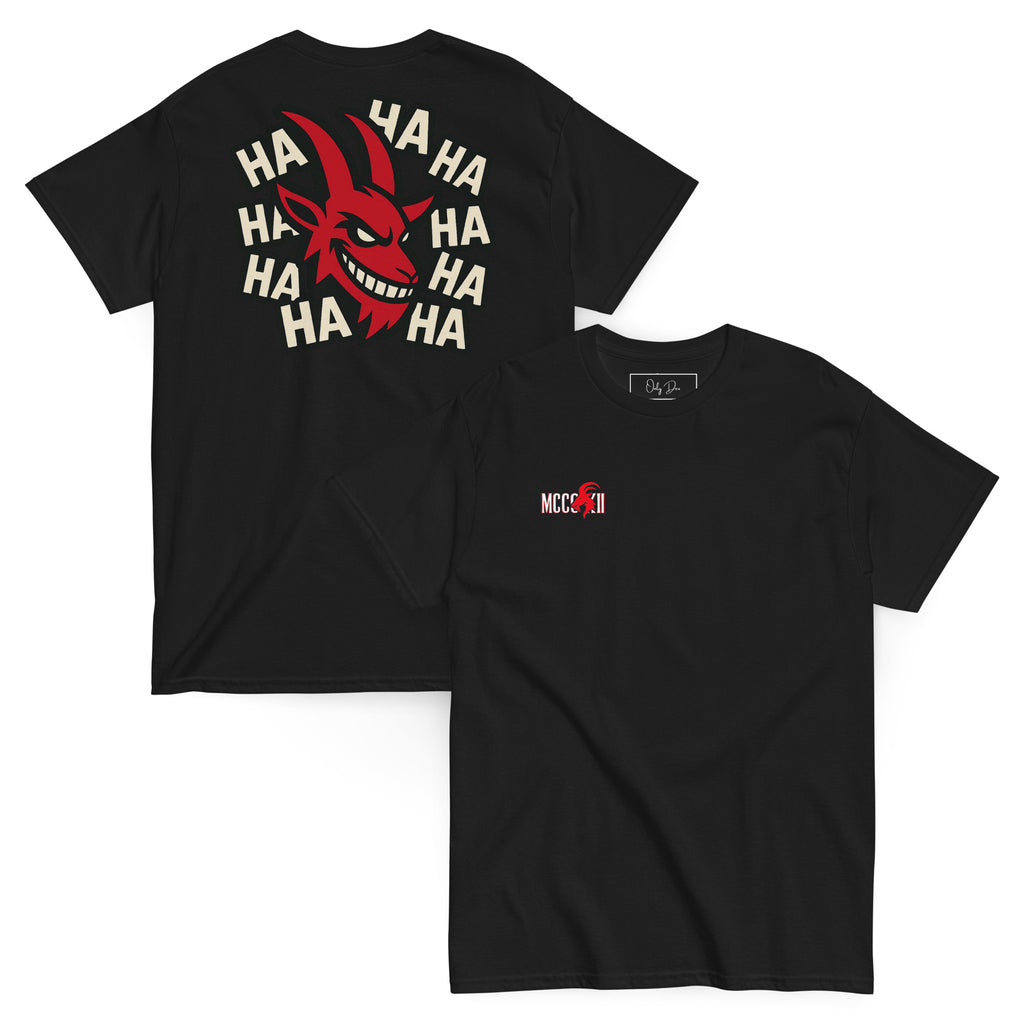 MCCCXII Laughing Goat T-Shirt in Schwarz – Vorder- und Rückansicht