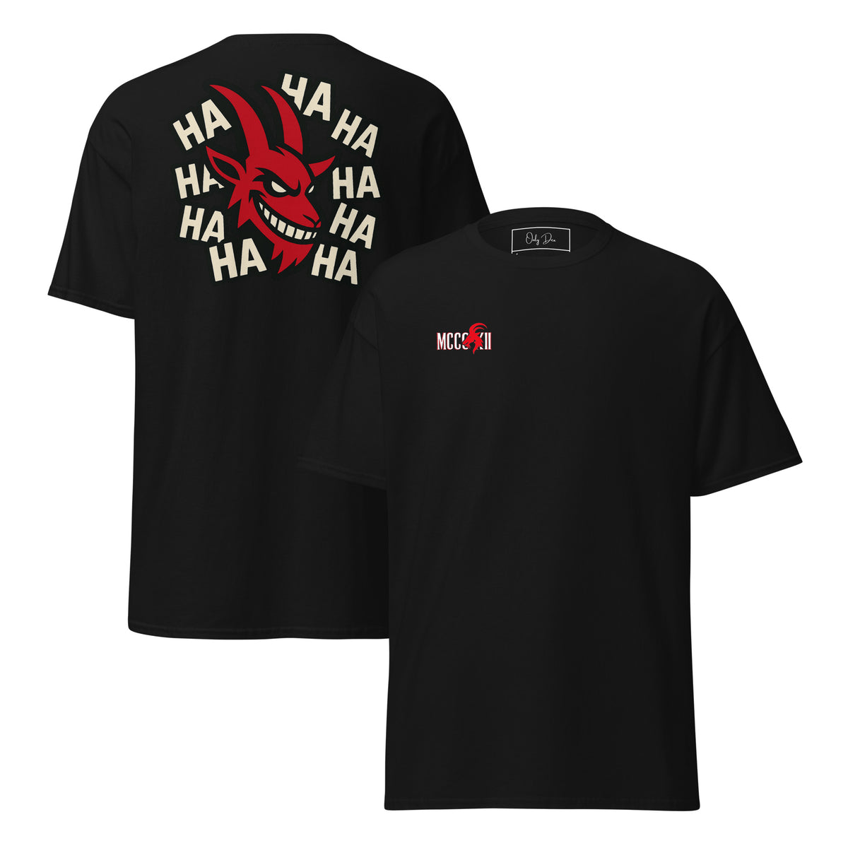 MCCCXII Laughing Goat T-Shirt in Schwarz – Vorder- und Rückansicht