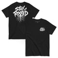 Stay Rooted T-Shirt in Schwarz – Vorder- und Rückansicht