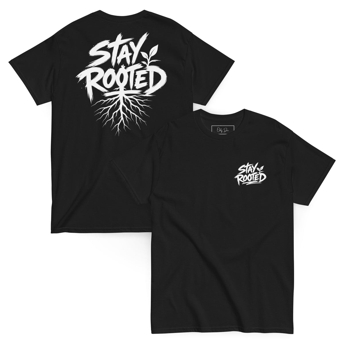 Stay Rooted T-Shirt in Schwarz – Vorder- und Rückansicht