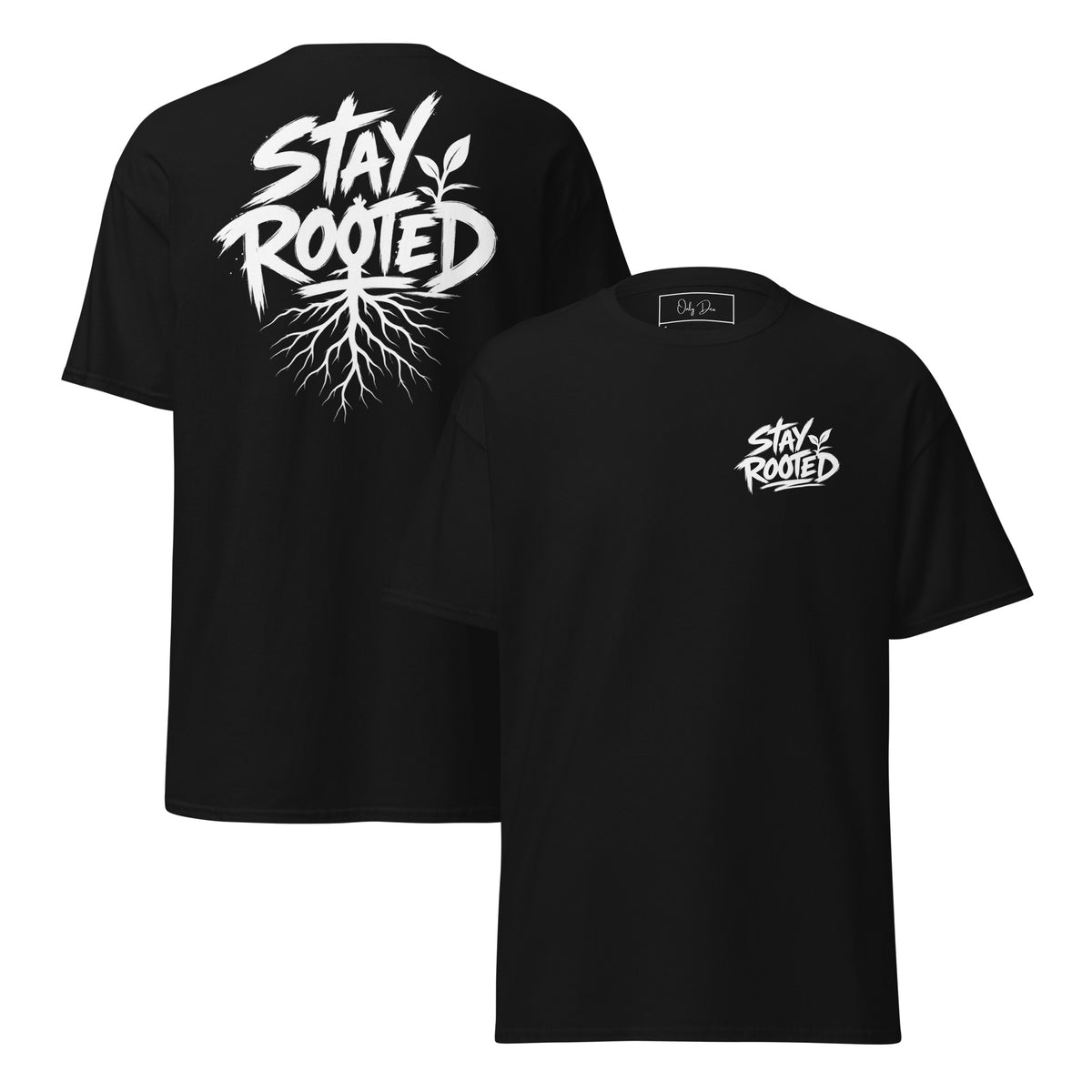 Stay Rooted T-Shirt in Schwarz – Vorder- und Rückansicht