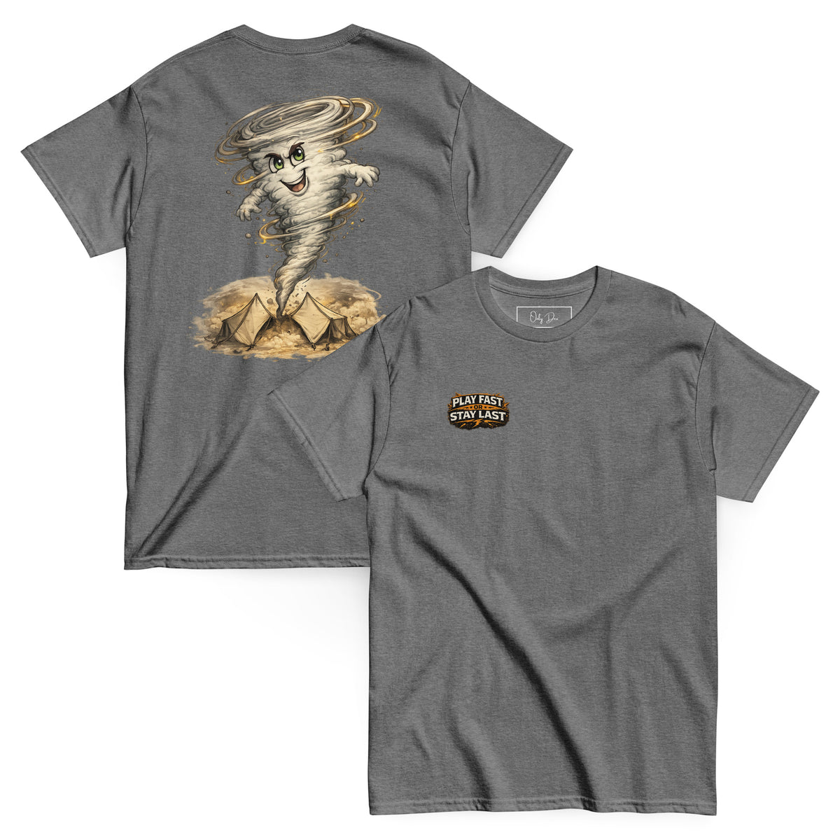 Play Fast or Stay Last Gaming T-Shirt in Graphit meliert – Vorder- und Rückansicht