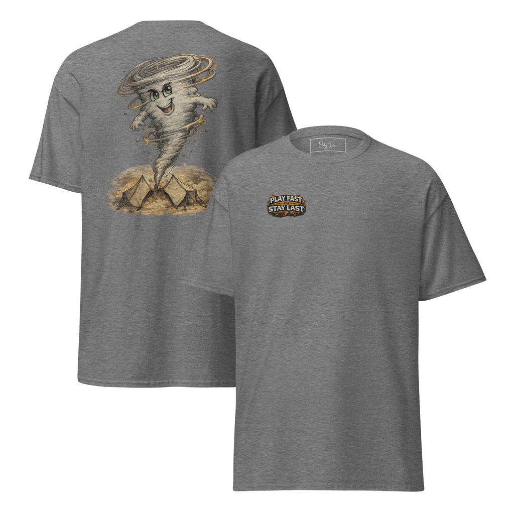 Play Fast or Stay Last Gaming T-Shirt in Graphit meliert – Vorder- und Rückansicht
