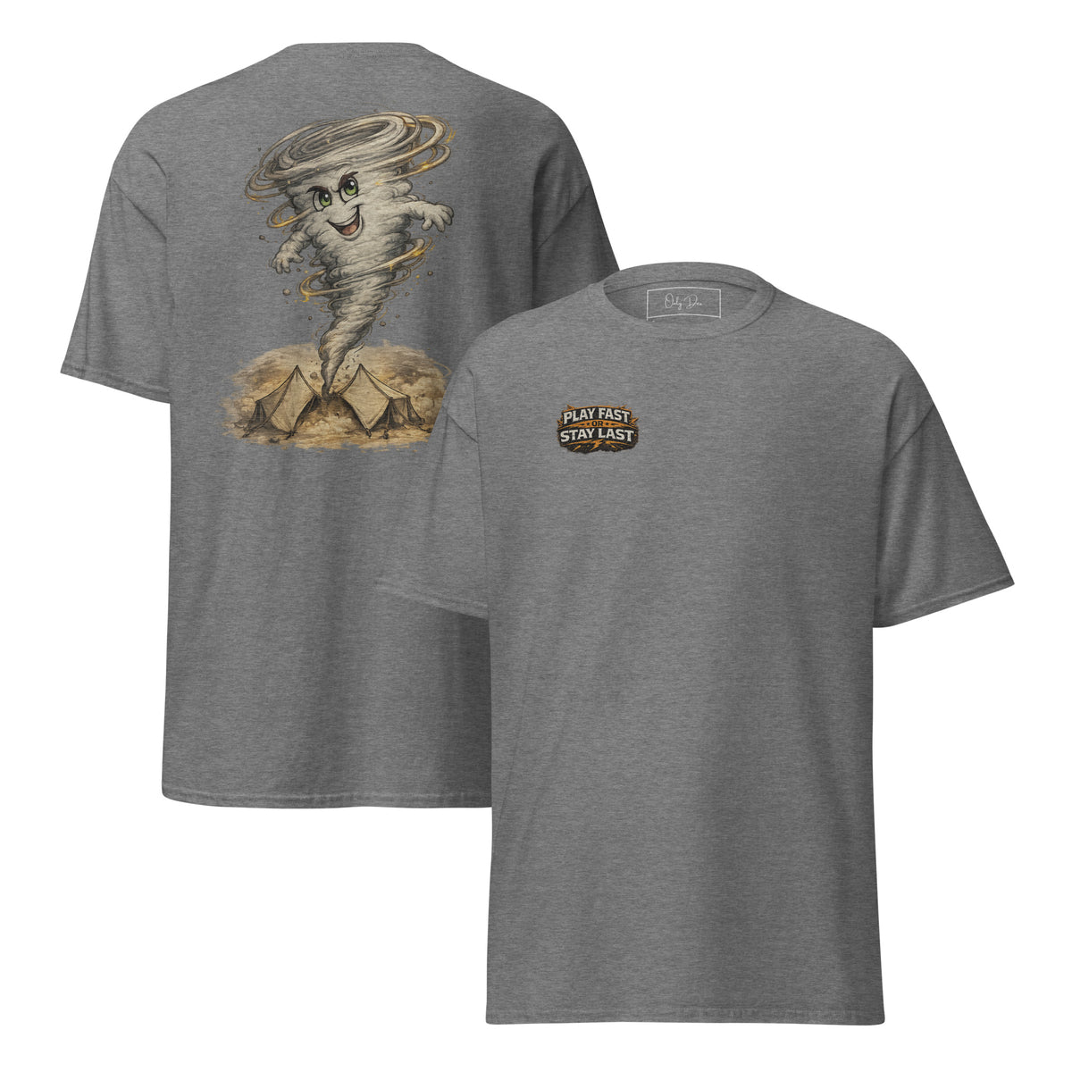 Play Fast or Stay Last Gaming T-Shirt in Graphit meliert – Vorder- und Rückansicht